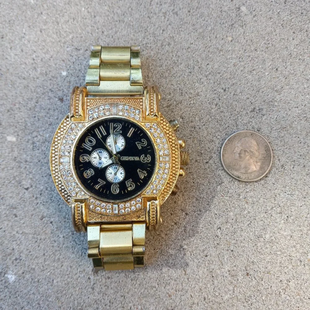 Mens GENEVA Oversized Wrist Watch Gold Rapper Bling Bling